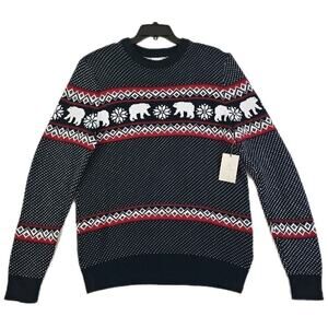 Aspen ~Men's Size L~ Navy Blue Polar Bears Cotton Winter Sweater Crew Neck NWT.